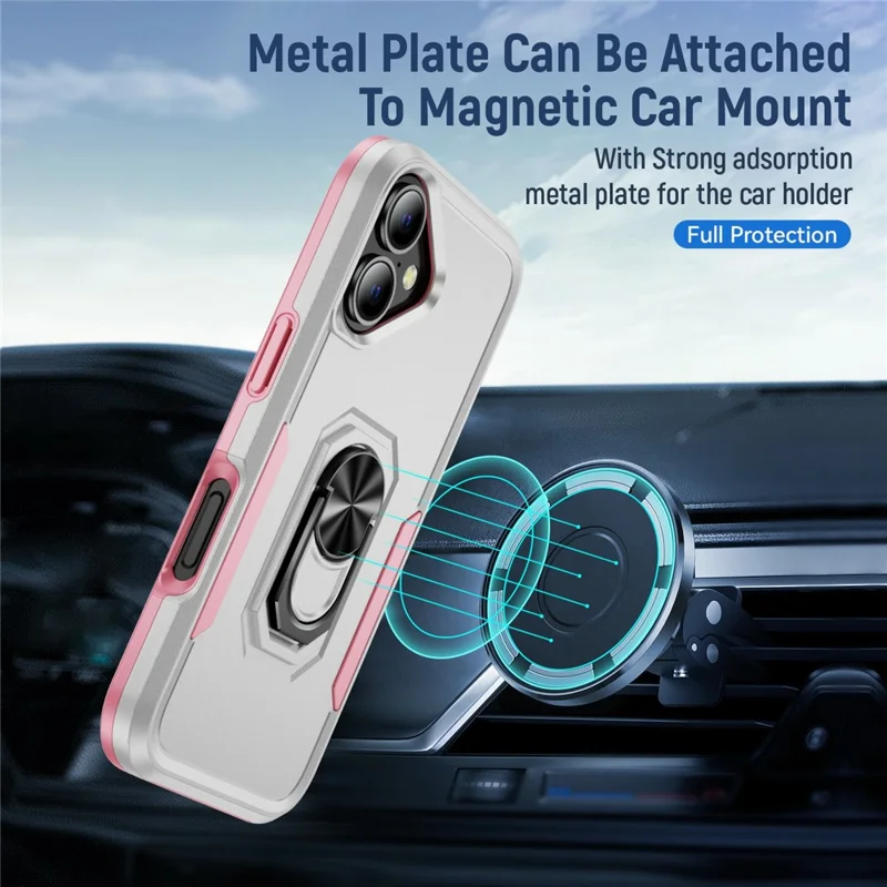 For iPhone 17 Case Military Grade Ring Kickstand PC + TPU Phone Cover - White + Pink