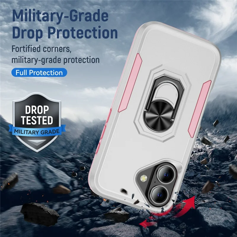 For iPhone 17 Case Military Grade Ring Kickstand PC + TPU Phone Cover - White + Pink