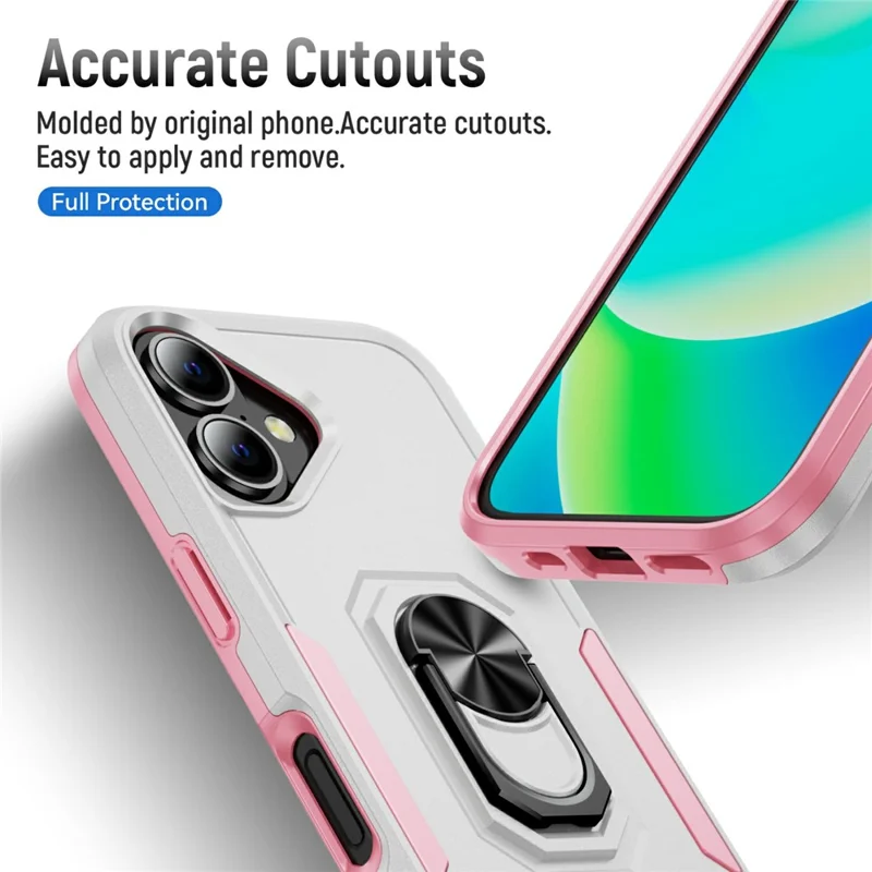 For iPhone 17 Case Military Grade Ring Kickstand PC + TPU Phone Cover - White + Pink