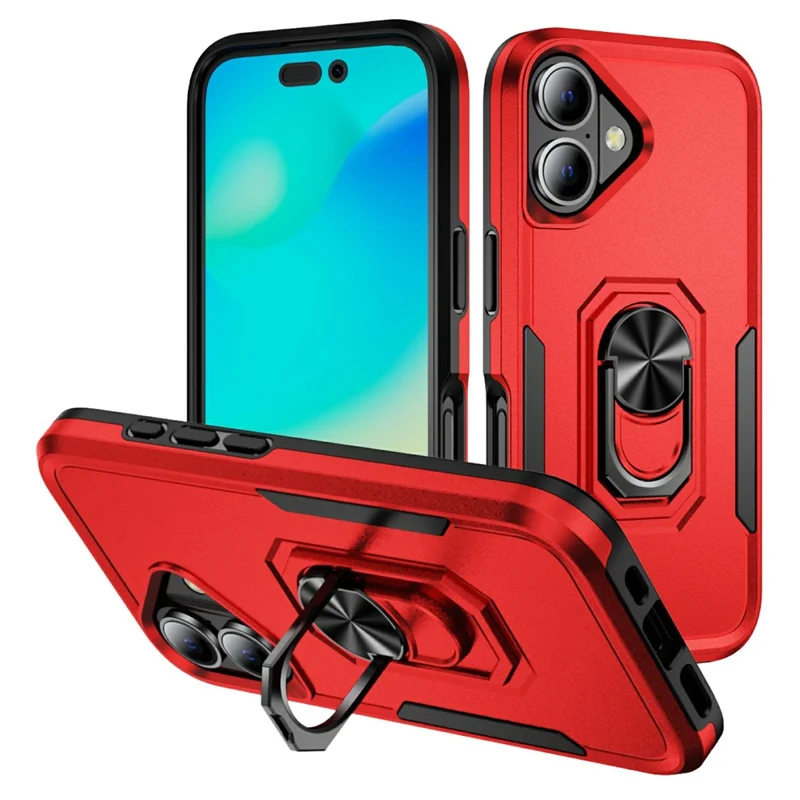 For iPhone 17 Case Military Grade Ring Kickstand PC + TPU Phone Cover - Red + Black