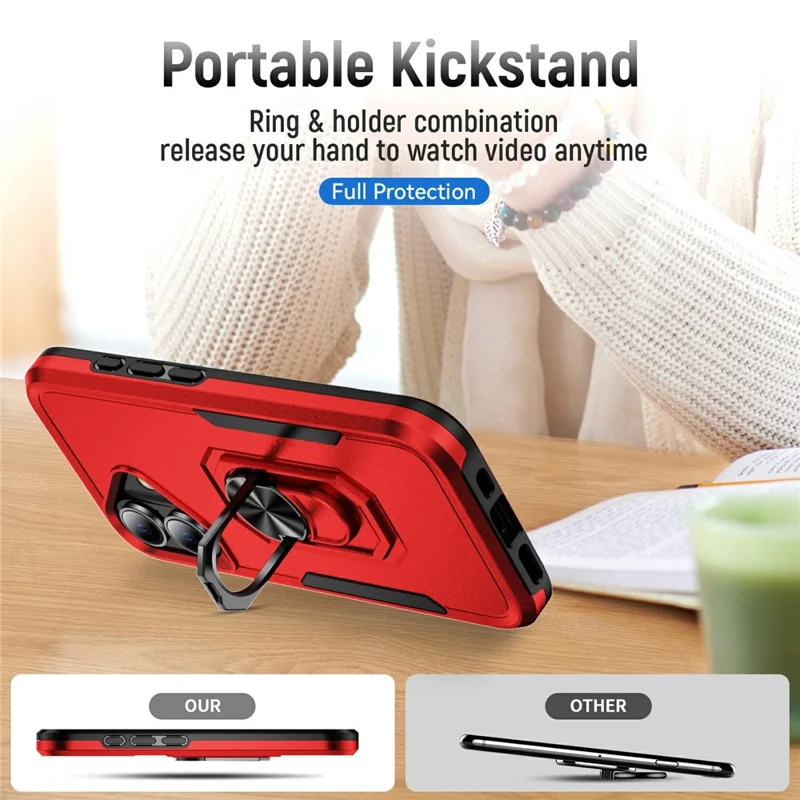 For iPhone 17 Case Military Grade Ring Kickstand PC + TPU Phone Cover - Red + Black