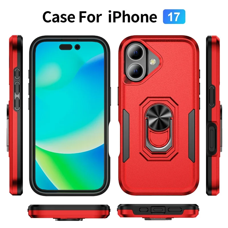 For iPhone 17 Case Military Grade Ring Kickstand PC + TPU Phone Cover - Red + Black