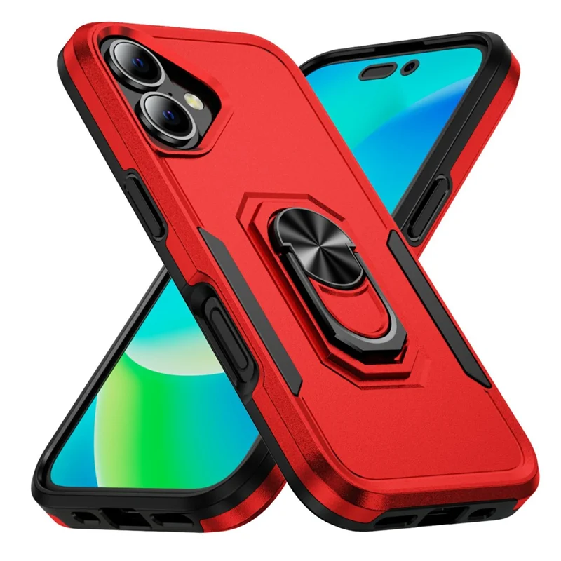 For iPhone 17 Case Military Grade Ring Kickstand PC + TPU Phone Cover - Red + Black
