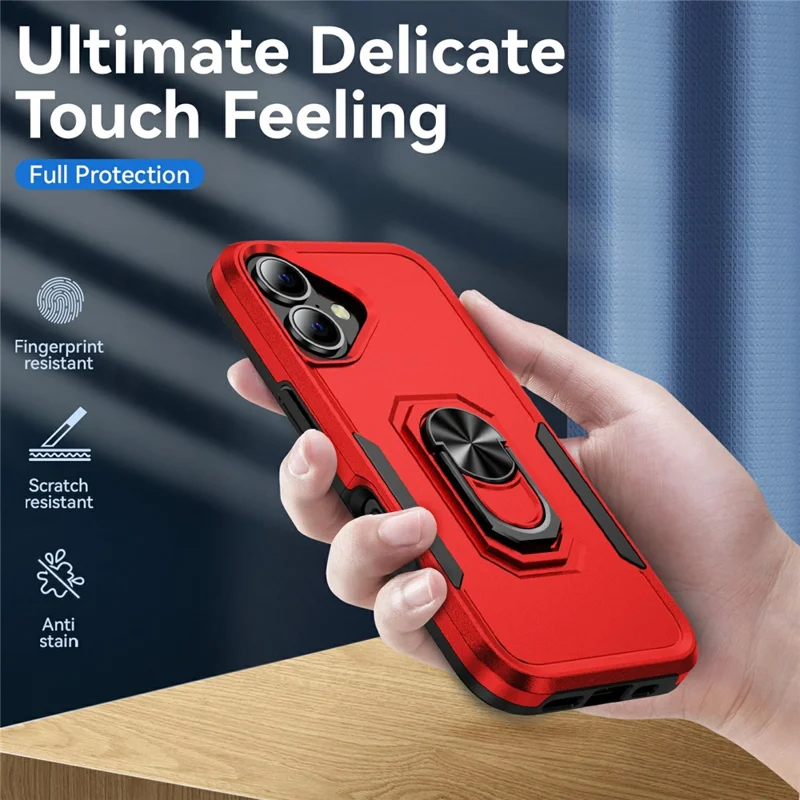 For iPhone 17 Case Military Grade Ring Kickstand PC + TPU Phone Cover - Red + Black