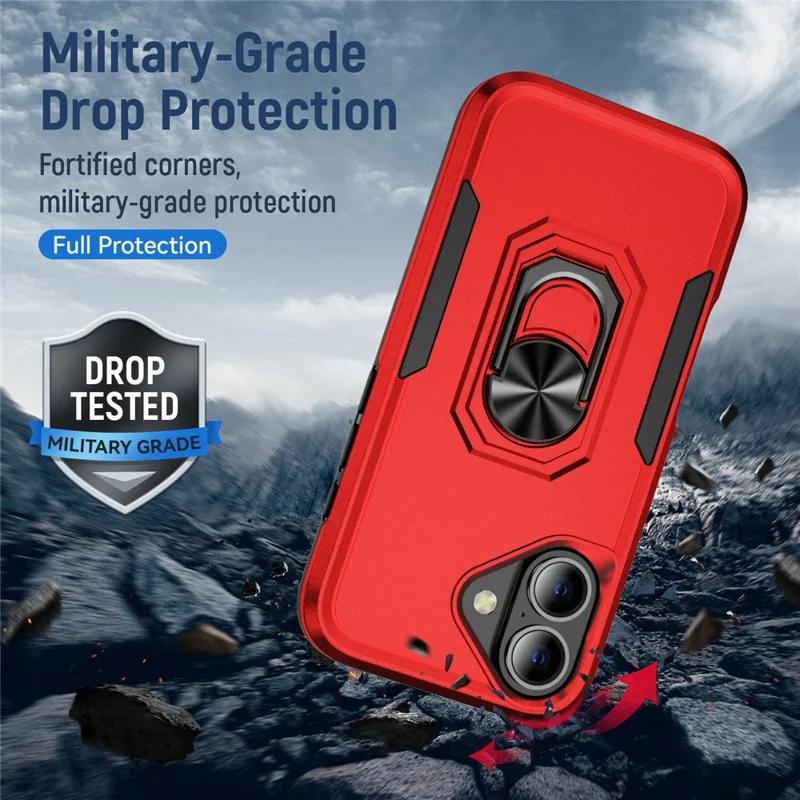 For iPhone 17 Case Military Grade Ring Kickstand PC + TPU Phone Cover - Red + Black