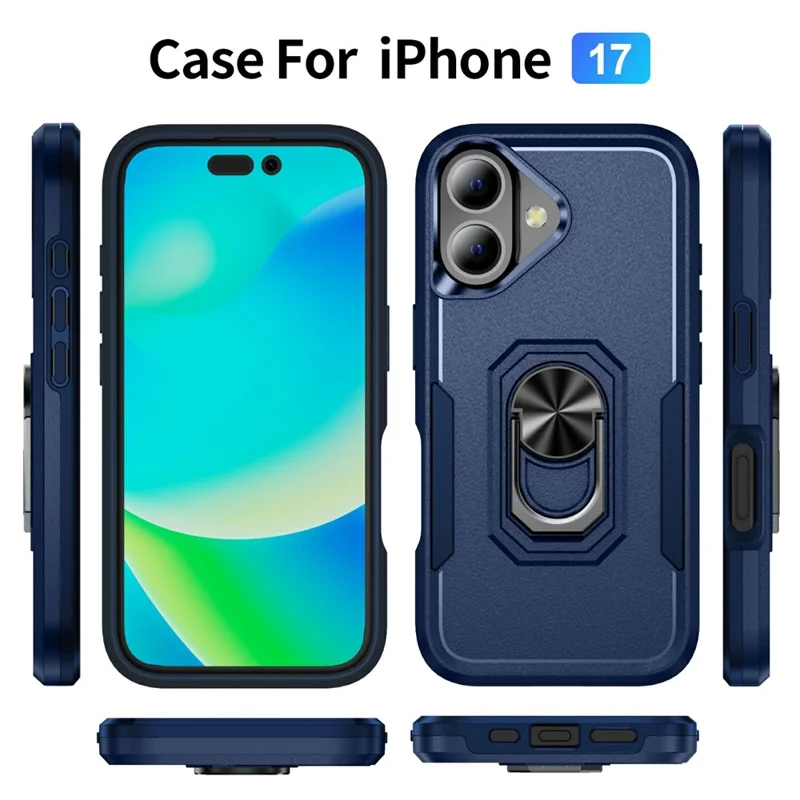 For iPhone 17 Case Military Grade Ring Kickstand PC + TPU Phone Cover - Blue