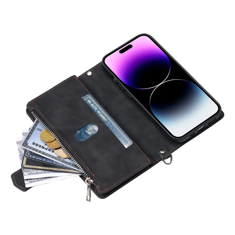 Custodia a portafoglio per iPhone 17 con linea di impuntura a rombo, in pelle PU con cinturino da polso - Nero