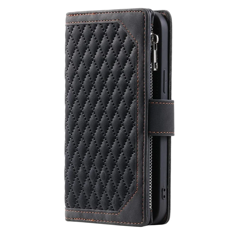 Custodia a portafoglio per iPhone 17 con linea di impuntura a rombo, in pelle PU con cinturino da polso - Nero