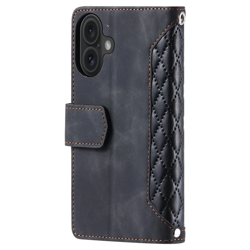 Custodia a portafoglio per iPhone 17 con linea di impuntura a rombo, in pelle PU con cinturino da polso - Nero