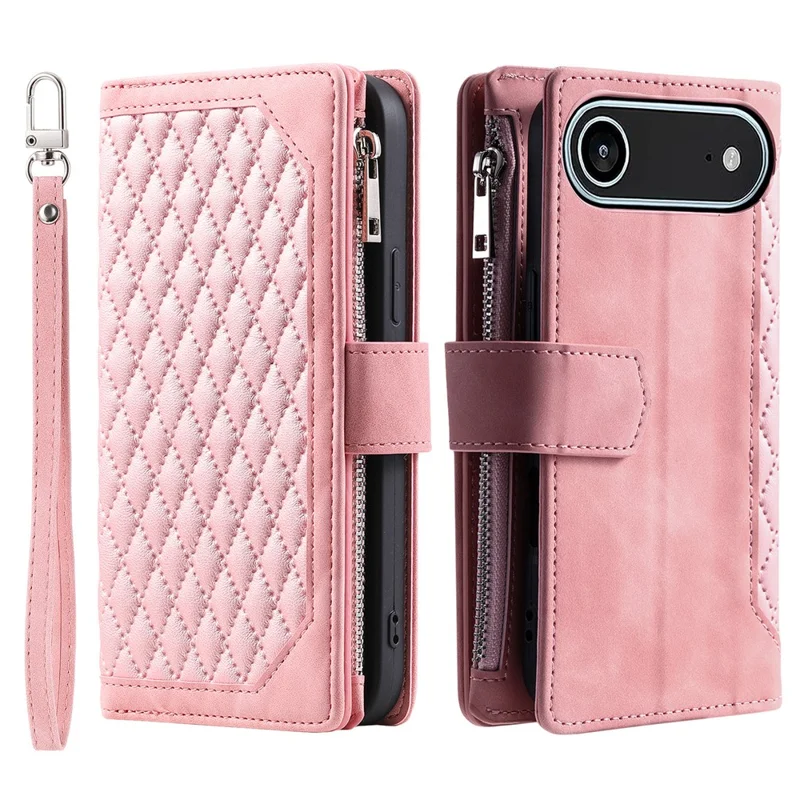 Cover a portafoglio per iPhone 17 con linea di impuntura a rombi in pelle PU con cinturino da polso - Oro Rosa