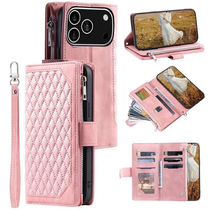 Custodia a portafoglio per iPhone 17 Pro con linea di cucitura a rombi in pelle PU con cinturino da polso - Oro Rosa