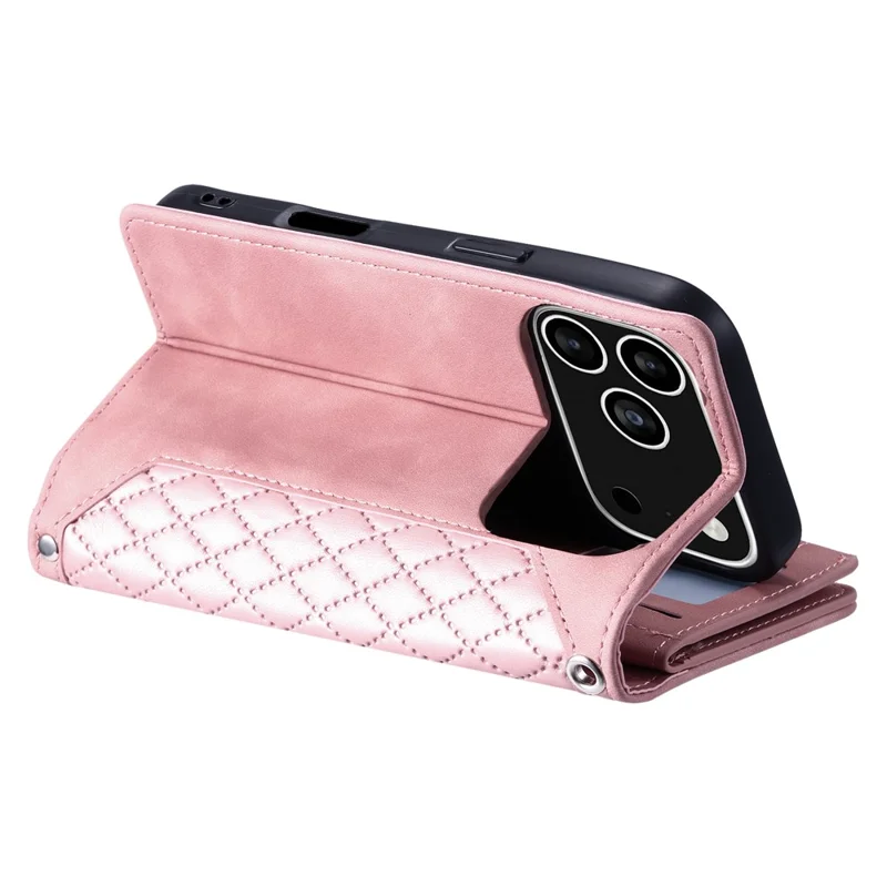 Custodia a portafoglio per iPhone 17 Pro con linea di cucitura a rombi in pelle PU con cinturino da polso - Oro Rosa