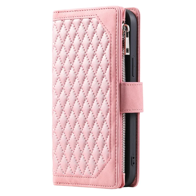 Custodia a portafoglio per iPhone 17 Pro con linea di cucitura a rombi in pelle PU con cinturino da polso - Oro Rosa