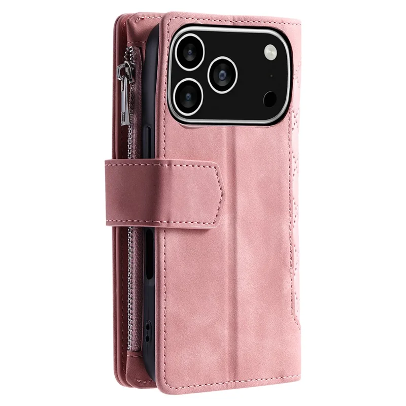 Custodia a portafoglio per iPhone 17 Pro con linea di cucitura a rombi in pelle PU con cinturino da polso - Oro Rosa