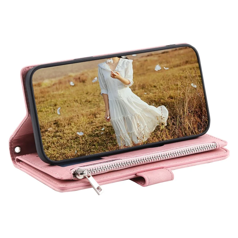 Capa Carteira para iPhone 17 Pro Max com Linha de Costura Losango em Couro PU, Alça de Pulso - Ouro Rosa