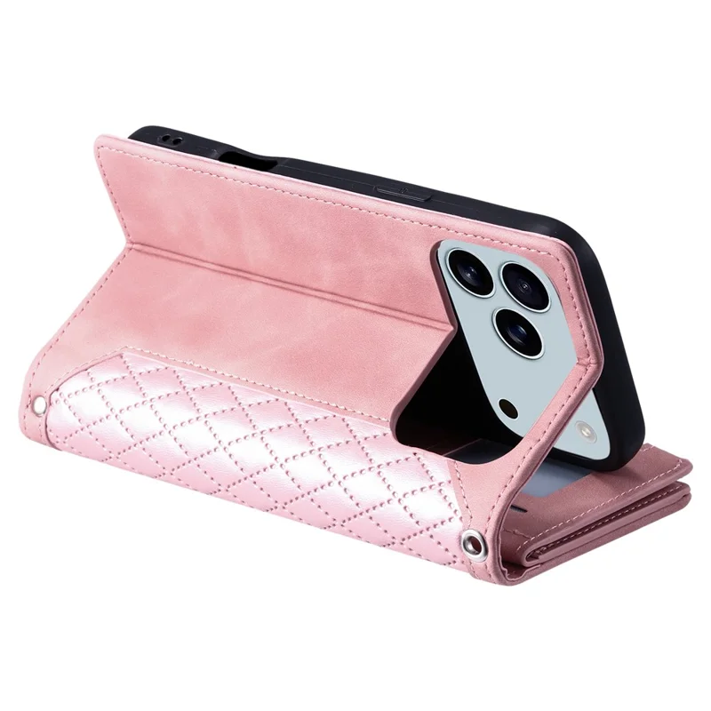 Capa Carteira para iPhone 17 Pro Max com Linha de Costura Losango em Couro PU, Alça de Pulso - Ouro Rosa