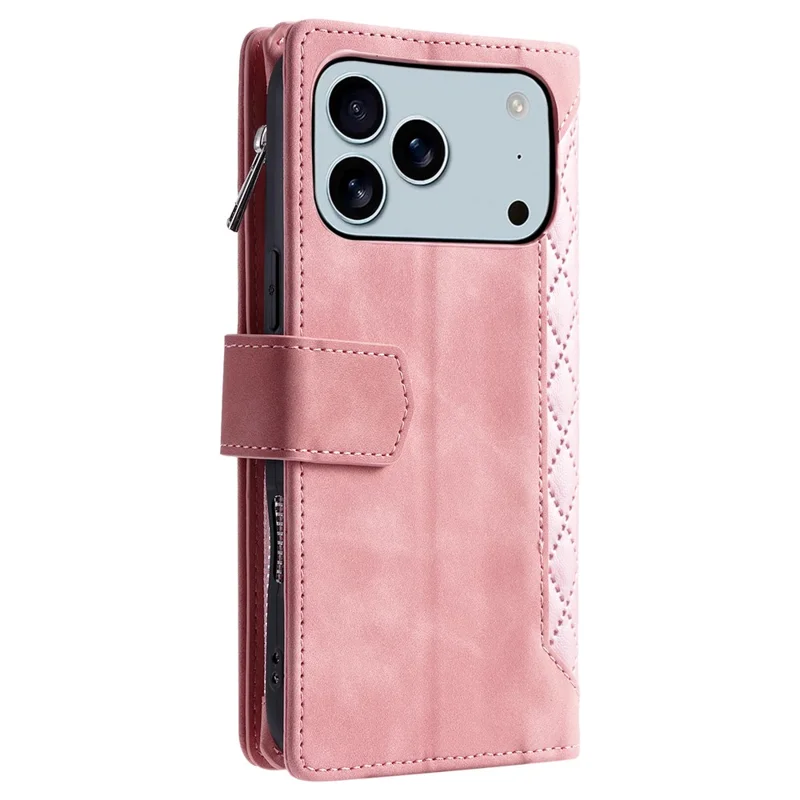 Capa Carteira para iPhone 17 Pro Max com Linha de Costura Losango em Couro PU, Alça de Pulso - Ouro Rosa