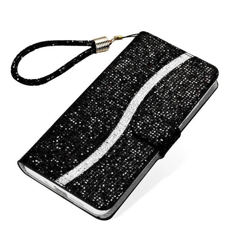 Per Samsung Galaxy S23+ Splicing Design PU Leather Glitter Bling Phone Case Foldable Stand Wallet Drop-proof Cover with Hand Strap - Black
