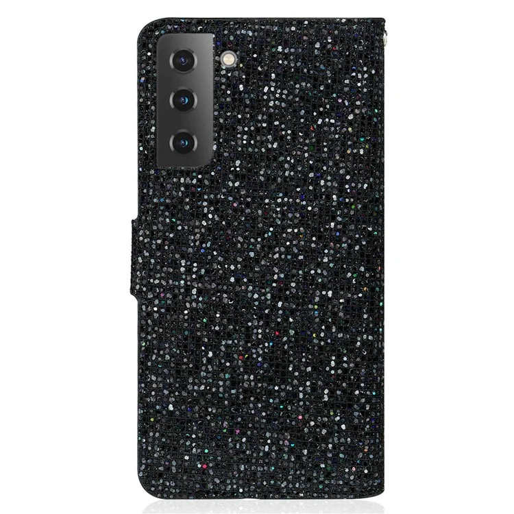 Per Samsung Galaxy S23+ Splicing Design PU Leather Glitter Bling Phone Case Foldable Stand Wallet Drop-proof Cover with Hand Strap - Black