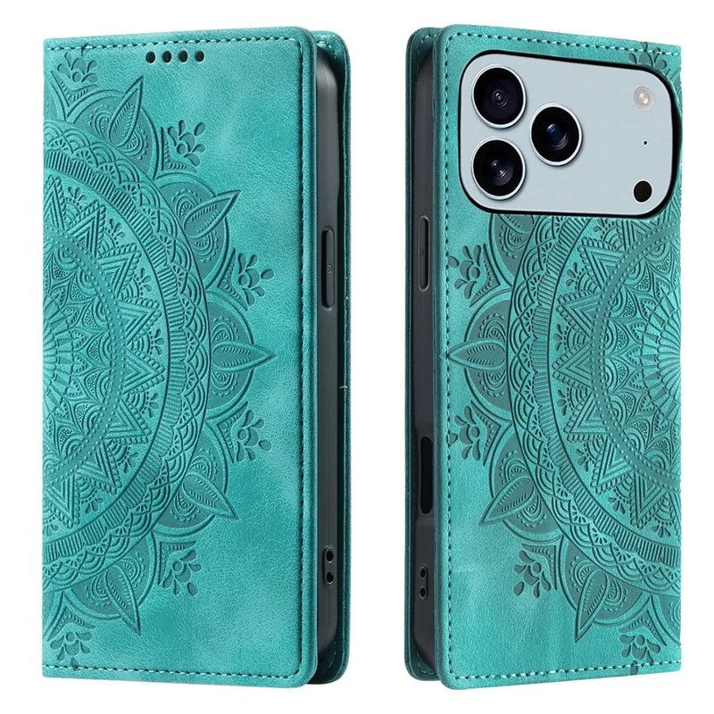 Cover per iPhone 17 Pro Max con Chiusura Magnetica in Pelle con Stampa a Motivi - Verde Menta