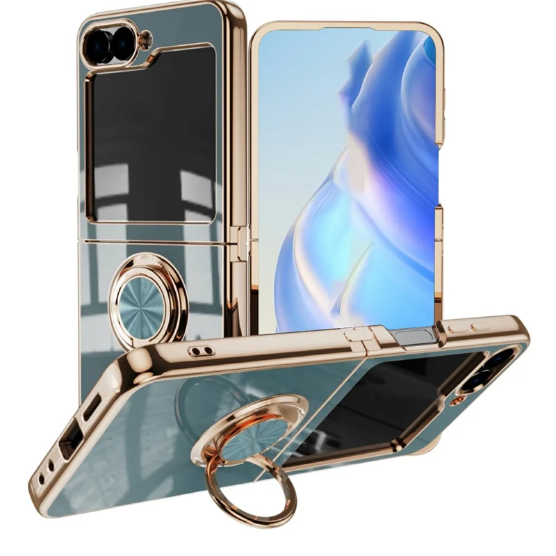 Funda para Samsung Galaxy Z Flip7 5G con recortes precisos, recubrimiento electrolítico 6D de TPU y soporte de anillo - Gris