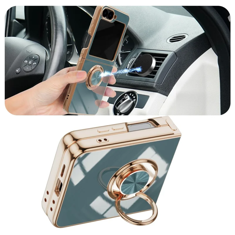 Funda para Samsung Galaxy Z Flip7 5G con recortes precisos, recubrimiento electrolítico 6D de TPU y soporte de anillo - Gris