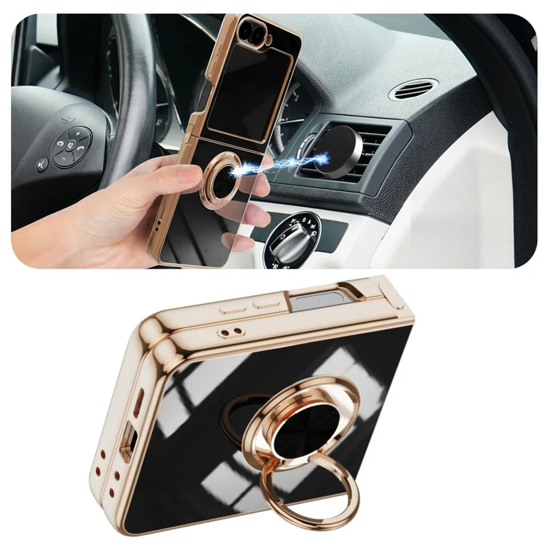 For Samsung Galaxy Z Flip5 5G Case Precise Cutouts 6D Electroplating TPU Phone Cover with Ring Holder - Black