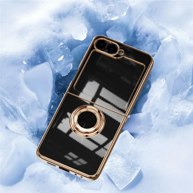 For Samsung Galaxy Z Flip5 5G Case Precise Cutouts 6D Electroplating TPU Phone Cover with Ring Holder - Black