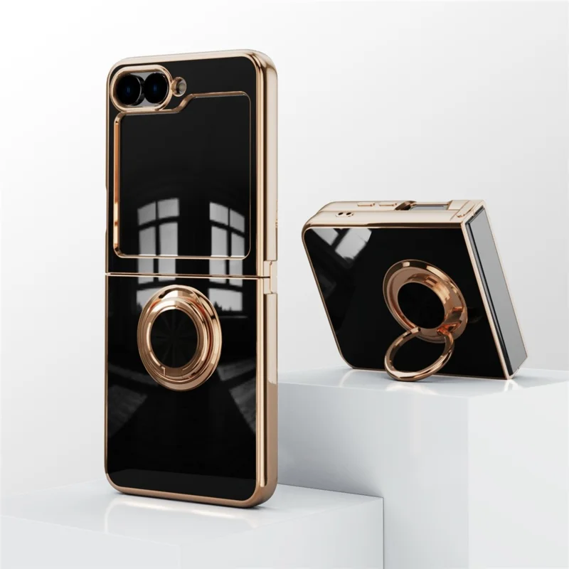 For Samsung Galaxy Z Flip5 5G Case Precise Cutouts 6D Electroplating TPU Phone Cover with Ring Holder - Black