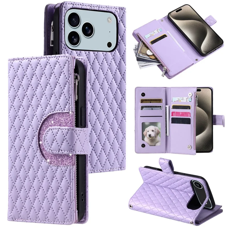 Cover per iPhone 17 Pro con Tasca con Cerniera, Glitter in Pelle, Cinturino da Polso - Viola