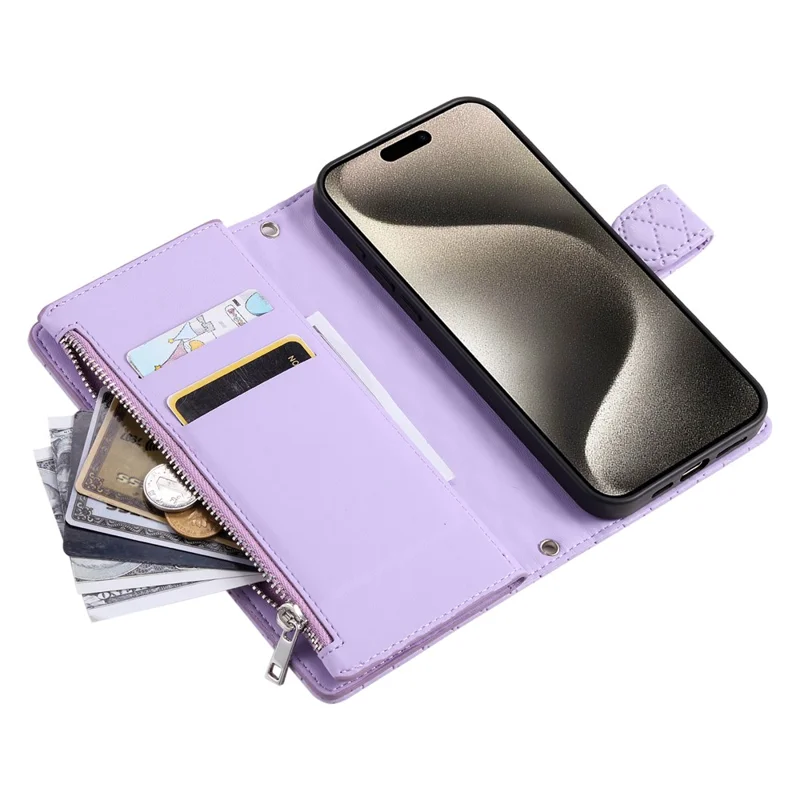 Cover per iPhone 17 Pro con Tasca con Cerniera, Glitter in Pelle, Cinturino da Polso - Viola