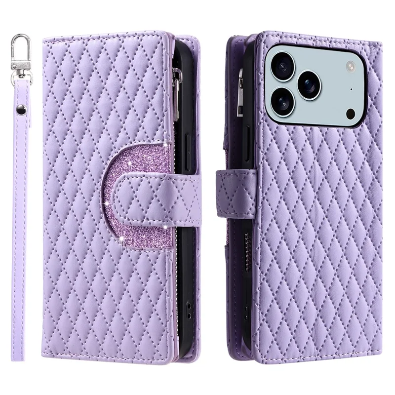 Cover per iPhone 17 Pro con Tasca con Cerniera, Glitter in Pelle, Cinturino da Polso - Viola
