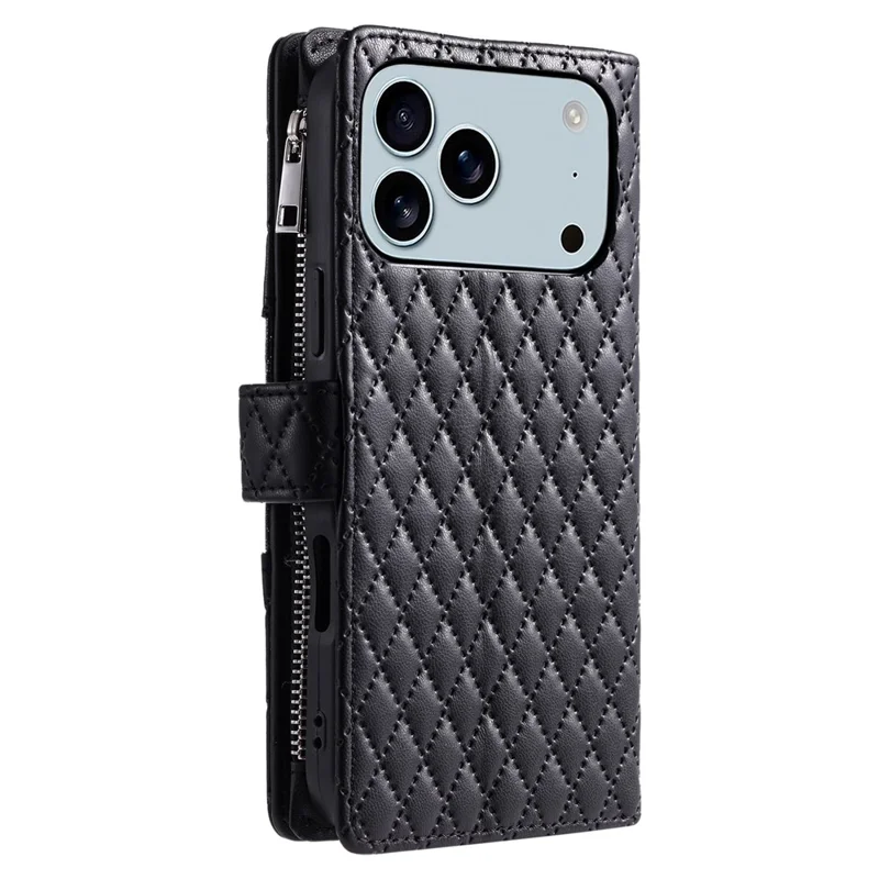 Cover per iPhone 17 Pro Max con Tasca con Cerniera, Glitter in Pelle, Cinturino da Polso - Nero