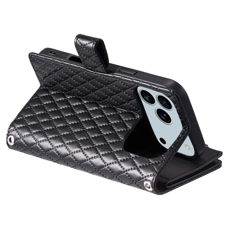 Cover per iPhone 17 Pro Max con Tasca con Cerniera, Glitter in Pelle, Cinturino da Polso - Nero