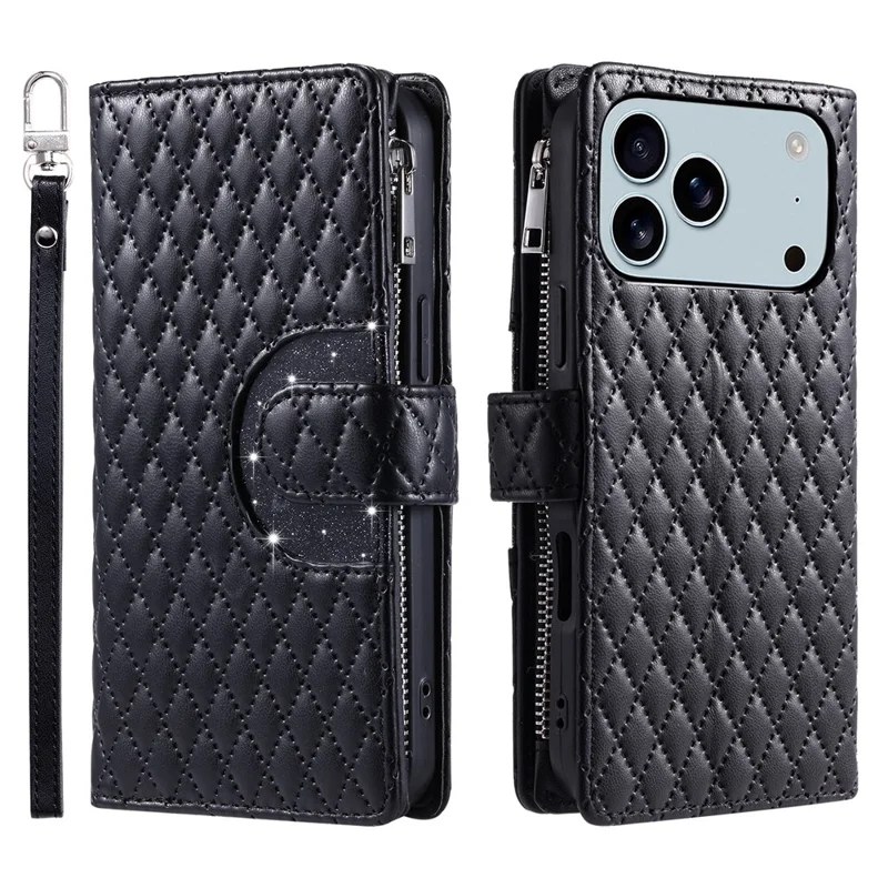Cover per iPhone 17 Pro Max con Tasca con Cerniera, Glitter in Pelle, Cinturino da Polso - Nero