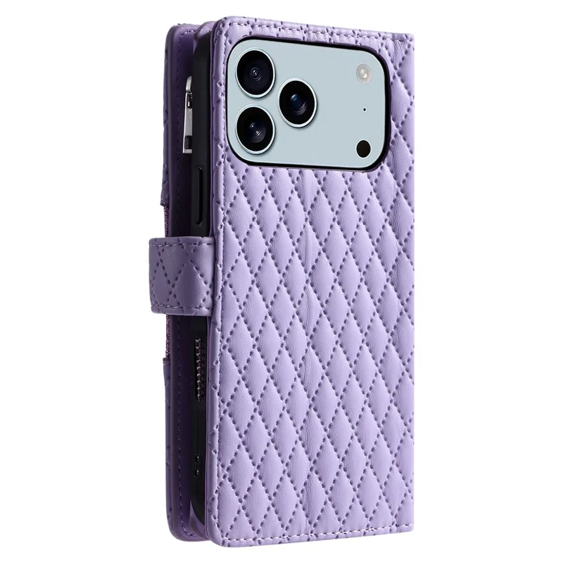 For iPhone 18 Pro Max / 17 Pro Max Case Zipper Pocket Glitter Leather Phone Cover with Wrist Strap - Purple