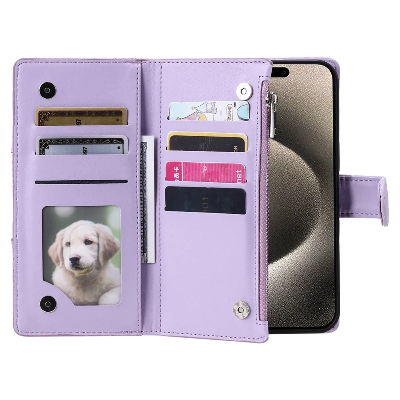 For iPhone 18 Pro Max / 17 Pro Max Case Zipper Pocket Glitter Leather Phone Cover with Wrist Strap - Purple