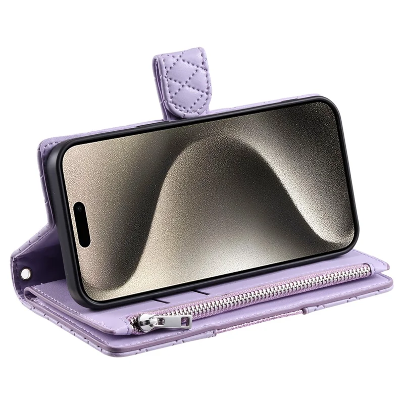 For iPhone 18 Pro Max / 17 Pro Max Case Zipper Pocket Glitter Leather Phone Cover with Wrist Strap - Purple