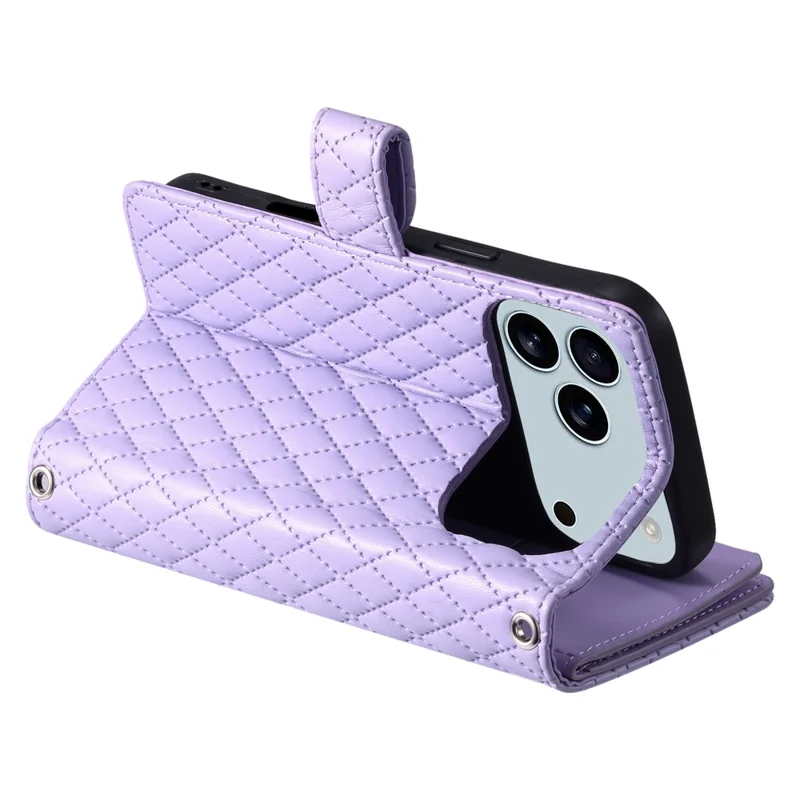 For iPhone 18 Pro Max / 17 Pro Max Case Zipper Pocket Glitter Leather Phone Cover with Wrist Strap - Purple
