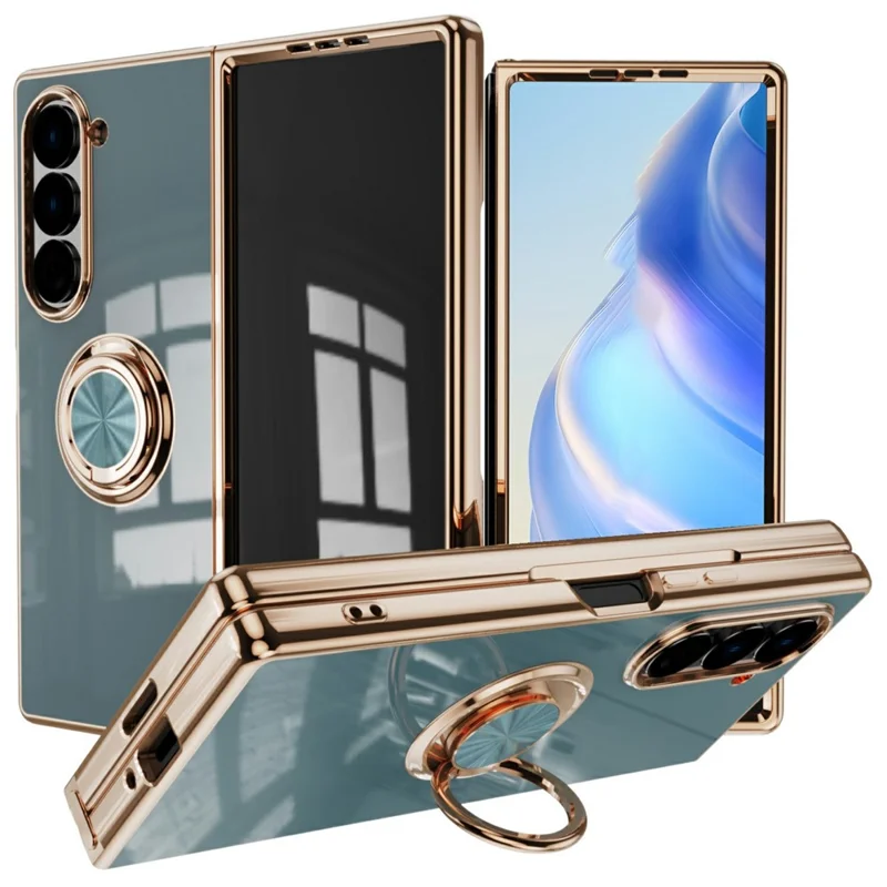 For Samsung Galaxy Z Fold6 5G Case Precise Cutouts 6D Electroplating TPU Phone Cover with Ring Holder - Grey