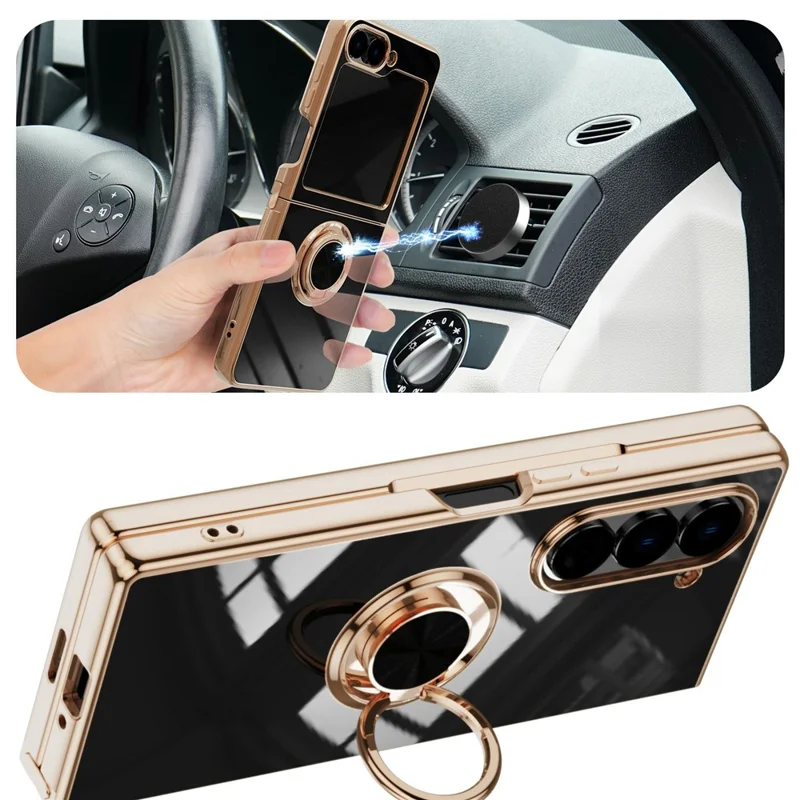 For Samsung Galaxy Z Fold6 5G Case Precise Cutouts 6D Electroplating TPU Phone Cover with Ring Holder - Black