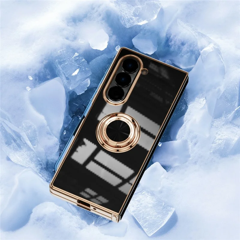 For Samsung Galaxy Z Fold6 5G Case Precise Cutouts 6D Electroplating TPU Phone Cover with Ring Holder - Black
