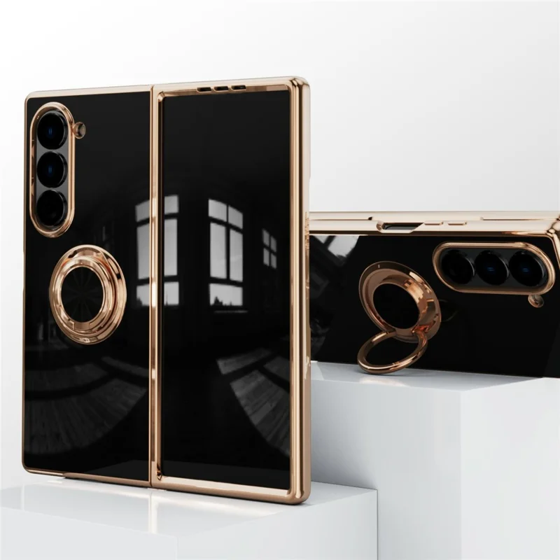For Samsung Galaxy Z Fold6 5G Case Precise Cutouts 6D Electroplating TPU Phone Cover with Ring Holder - Black
