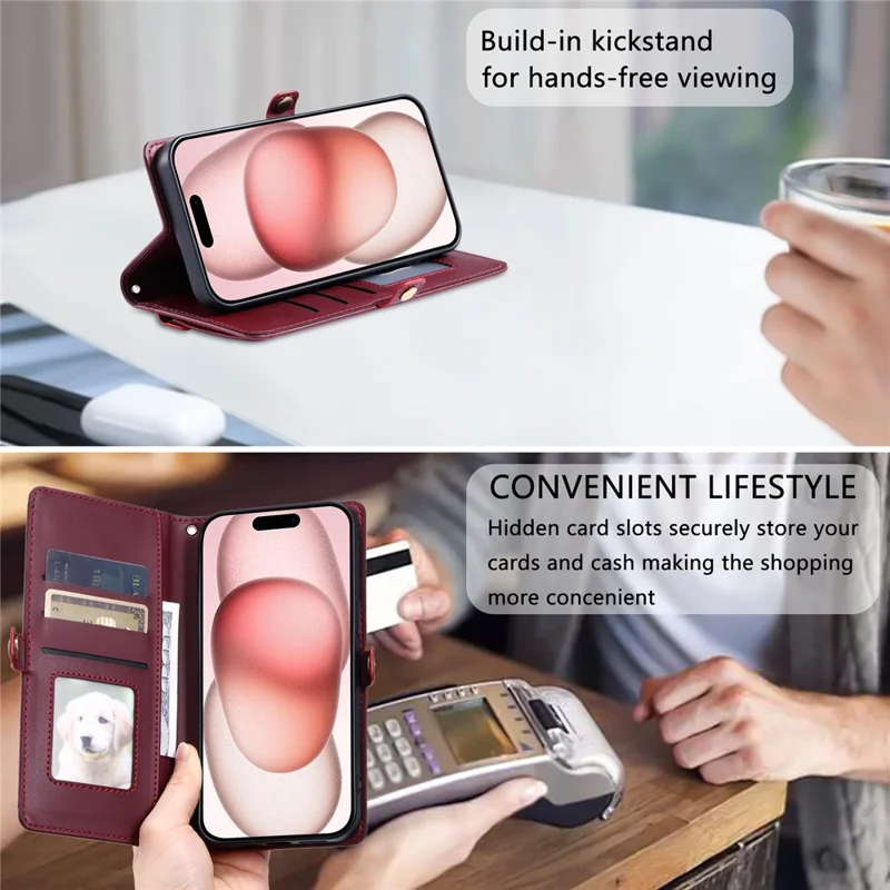 For iPhone 17 Air Leather Case with Wrist Strap Wallet Stand Phone Cover - Wine Red