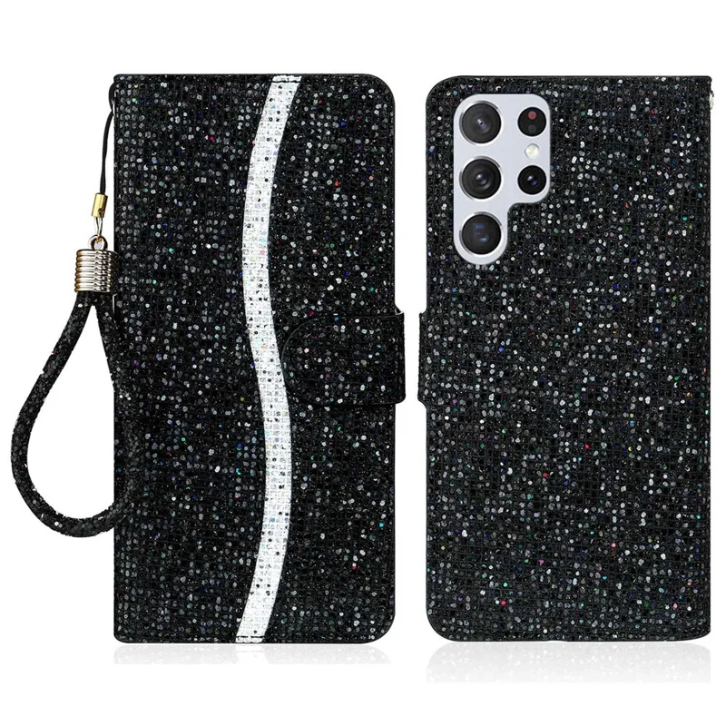 Para Samsung Galaxy S23 Ultra Glitter Bling Splicing Design PU Leather Shockproof Case Phone Wallet Stand Protective Cover with Hand Strap - Black