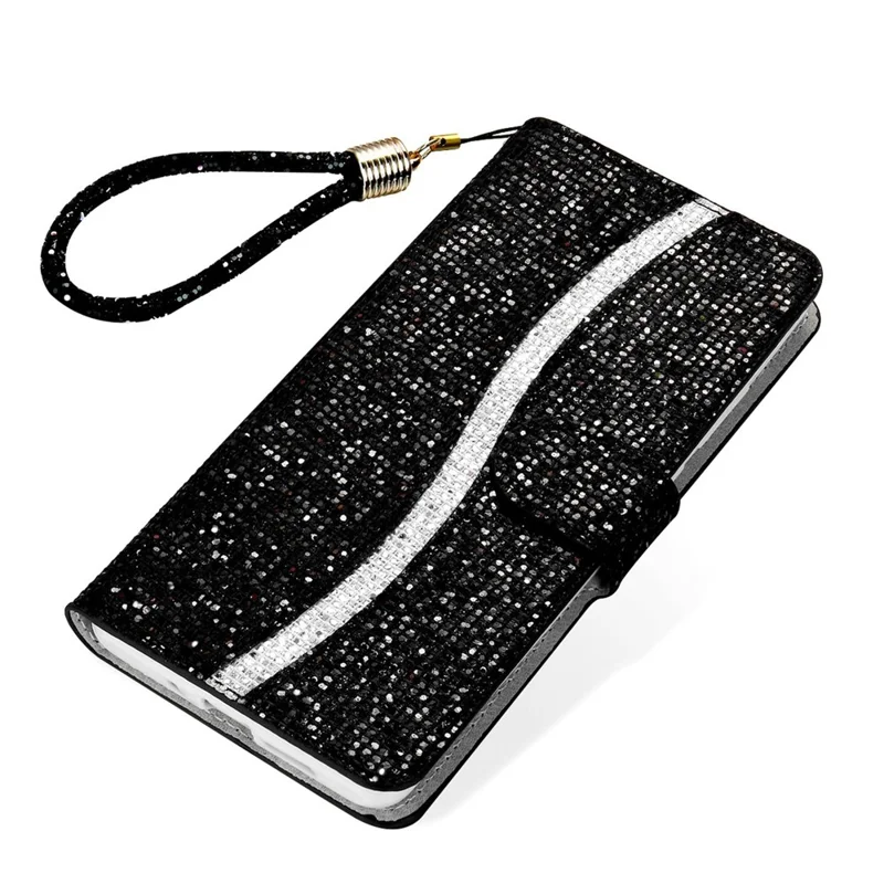 Para Samsung Galaxy S23 Ultra Glitter Bling Splicing Design PU Leather Shockproof Case Phone Wallet Stand Protective Cover with Hand Strap - Black