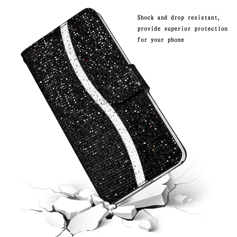 Para Samsung Galaxy S23 Ultra Glitter Bling Splicing Design PU Leather Shockproof Case Phone Wallet Stand Protective Cover with Hand Strap - Black