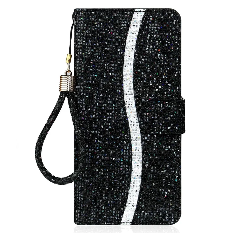 Para Samsung Galaxy S23 Ultra Glitter Bling Splicing Design PU Leather Shockproof Case Phone Wallet Stand Protective Cover with Hand Strap - Black