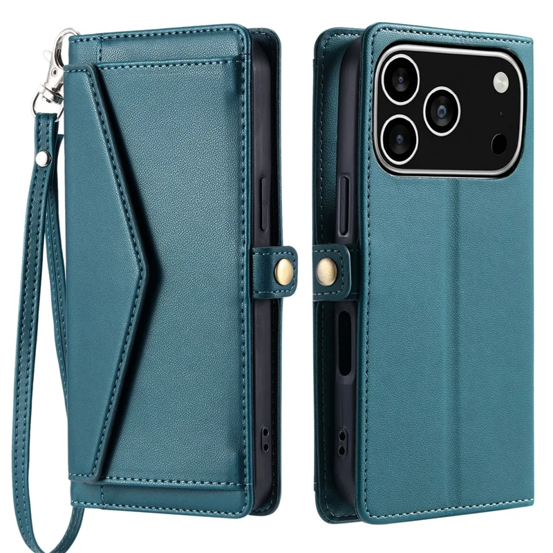 For iPhone 17 Pro Leather Case with Wrist Strap Wallet Stand Phone Cover - Blackish Green