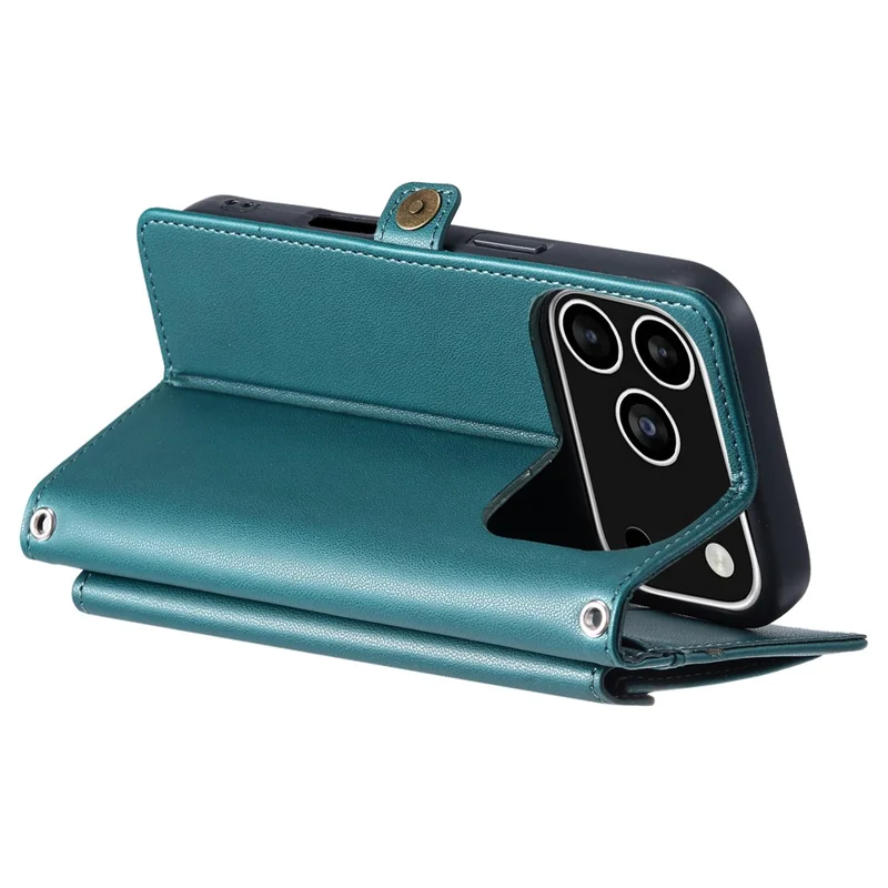 For iPhone 17 Pro Leather Case with Wrist Strap Wallet Stand Phone Cover - Blackish Green